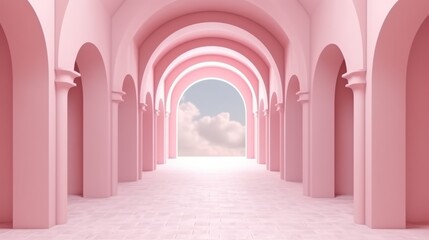 Illustration of a beautiful pink room with elegant arches and breathtaking view of the sky and clouds