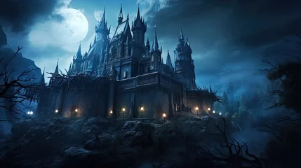Fotobehang Gloomy gothic castles against the backdrop of the moon at night © Terablete