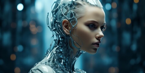 A beautiful artificial woman with artificial skin and blue eyes