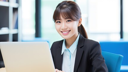 asian woman working on laptop. Generative Ai