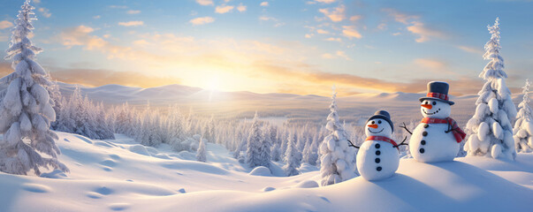 Two snowmen wearing hats and scarves and smiling in a winter landscape with a mountain range with snow-covered trees.