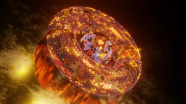 Loop 3d animation of an abstract core made of a set of hexagonal elements and a toa made of hexagons. A fantastic composition of futuristic design. Abstract background.