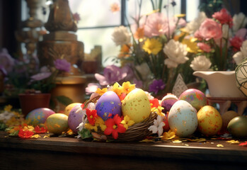 Obraz na płótnie Canvas photo happy bunny with many easter eggs on grass festive background for decorative design