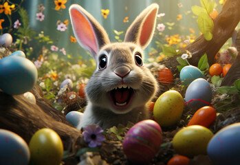 Fototapeta na wymiar photo happy bunny with many easter eggs on grass festive background for decorative design