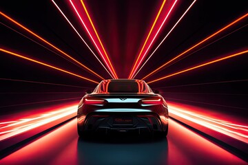 3D rendering of a brand-less generic concept car with neon lights, A captivating image of a car engulfed in a tunnel, AI Generated