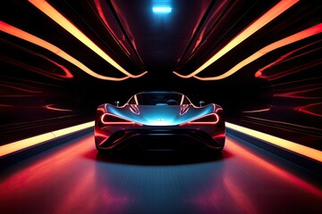 3D rendering of a futuristic car in a tunnel with neon lights, A captivating image of a car engulfed in a tunnel, AI Generated