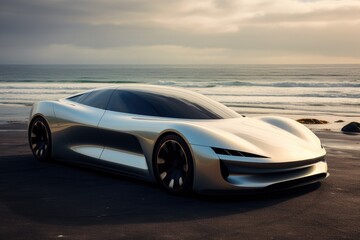 Fototapeta na wymiar sport car on the beach at sunset with clouds in the sky, a cutting edge electric car embodying the future, AI Generated