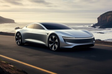 Fototapeta premium 3D rendering of a brand-less generic concept car in the beach, a cutting edge electric car embodying the future, AI Generated