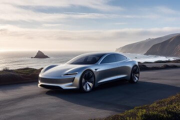 Fototapeta na wymiar 3D rendering of a brand-less generic concept car in the desert, a cutting edge electric car embodying the future, AI Generated