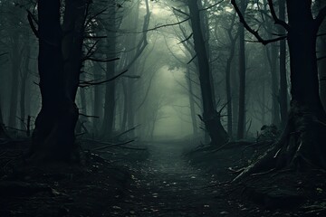 Mystical dark forest with fog. Horror Halloween concept. 3D Rendering, A dark forest with lots of trees covered in fog, AI Generated