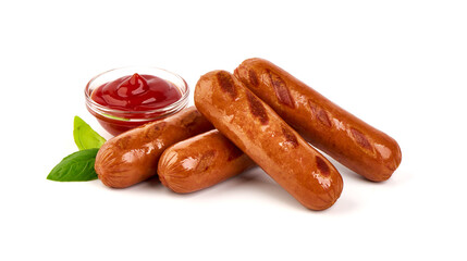 Grilled bratwurst Pork Sausages with basil leaves, close-up, isolated on white background.