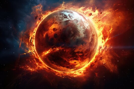 planet in fire. Elements of this image are furnished by NASA. A burning planet in the galaxy, AI Generated
