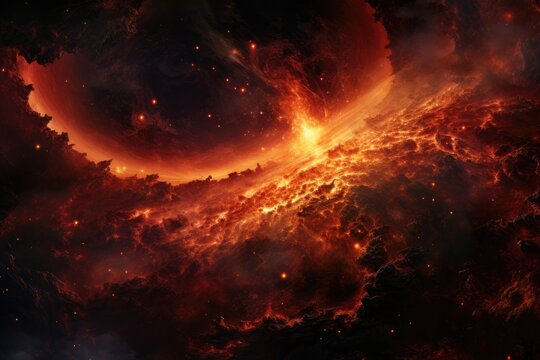 Fiery explosion in space. Abstract space background. 3D rendering, A burning planet in the galaxy, AI Generated