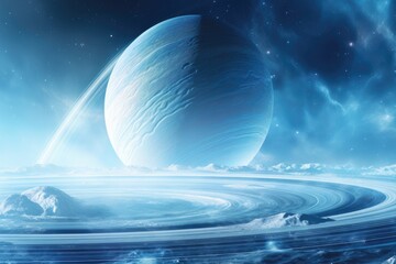 Obraz na płótnie Canvas Planets and galaxy, science fiction wallpaper. Beauty of deep space. a giant planet wrapped in Saturn rings sparkling, AI Generated
