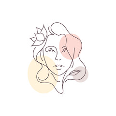 Female portrait with flower hairstyle pastel color spots one continuous line art beauty logo vector