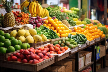 Fototapeta na wymiar Grocery counter full of fruits and vegetables. Generative ai