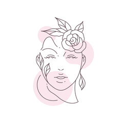 Fototapeta premium Abstract flower woman portrait with pastel color spots line art style logo beauty vector