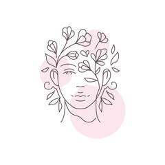 Female portrait natural beauty flower blossom hair pastel color spot line art style logo vector