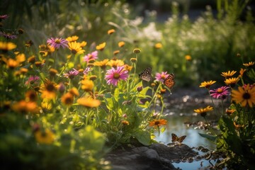 Magical garden: Dancing flowers, butterflies and serene stream. ??????, generative IA