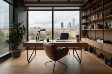 Fototapeta na wymiar Modern minimalist office, urban view, elegant design., generative IA