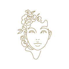 Fashion romantic female with flower hairstyle portrait continuous line art logo for beauty vector