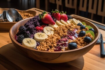 Acai bowl with fruit and chocolate syrup., generative IA