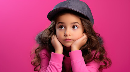 Thoughtful child on pink background looking away.