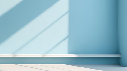 Minimal abstract light blue background for product presentation. Shadow and light from windows on plaster wall