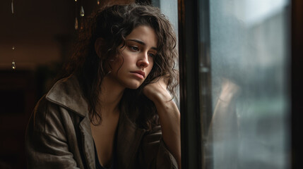 Depressed young woman near window at home, closeup - obrazy, fototapety, plakaty