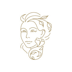Woman with flower hair elegant aesthetic minimal logo continuous line art style vector illustration