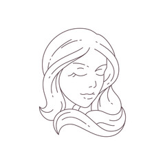 Gentle young female with long beauty hair portrait monochrome line art logo for coiffure vector