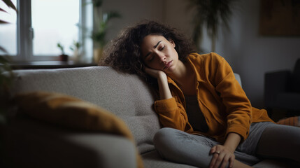 Fototapeta premium Woman Suffering From Depression Sitting On Bed In Pajamas