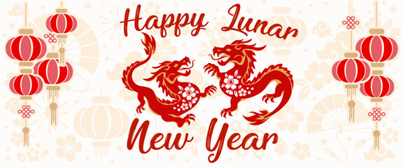 baner Happy Chinese new year 2024 year of the Chinese zodiac dragon with paper cut on colorful background