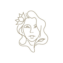 Beauty female portrait with lotus flower in hair minimal continuous line art logo vector