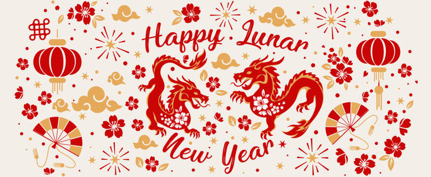 baner Happy Chinese new year 2024 year of the Chinese zodiac dragon with paper cut on colorful background