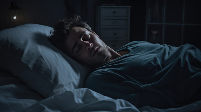 Depressed man lying in bed can't sleep late at morning with insomnia.