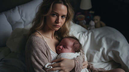 A young mother with postpartum depression holds her baby in her arms. - obrazy, fototapety, plakaty