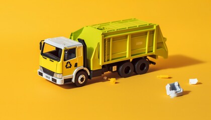 Still life of garbage truck and garbage container on yellow