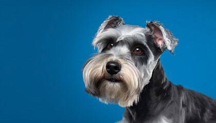 Portrait of Schnauzer puppy one year old on blue backdrop with copy space - obrazy, fototapety, plakaty