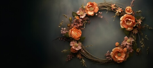 Generative AI, Close up wreath, blooming flowerbeds of amazing orange flowers on dark moody floral textured background.