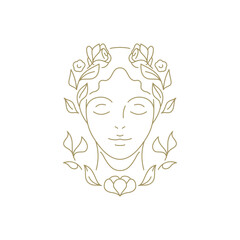 Gentle female head with flowers hair botanical blossom line art logo for coiffure vector
