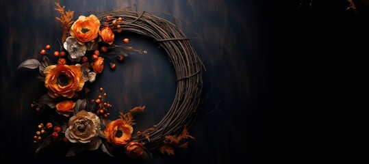 Generative AI, Close up wreath, blooming flowerbeds of amazing orange flowers on dark moody floral textured background.