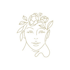 Beautiful smiling woman portrait with flowers hairstyle continuous line art logo vector illustration