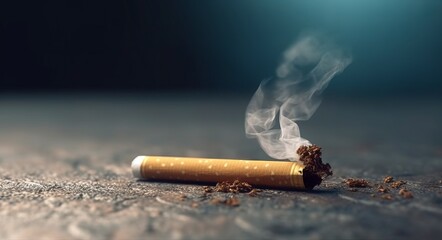 Illustration of a lit cigarette emitting smoke. Quitting from addiction concept