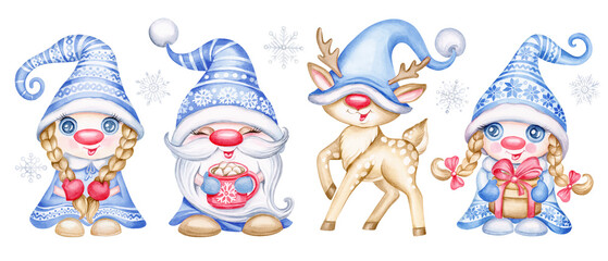 Set of Christmas Scandinavian gnomes hand drawn watercolor illustration. Cartoon nordic girl gnome and funny christmas deer in santa hat and snowflakes for holiday card