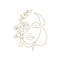 Attractive gentle woman portrait rose flower branch leaves continuous line art logo beauty vector