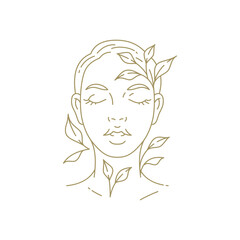 Beautiful young woman portrait floral branch leaves line art style monochrome logo vector