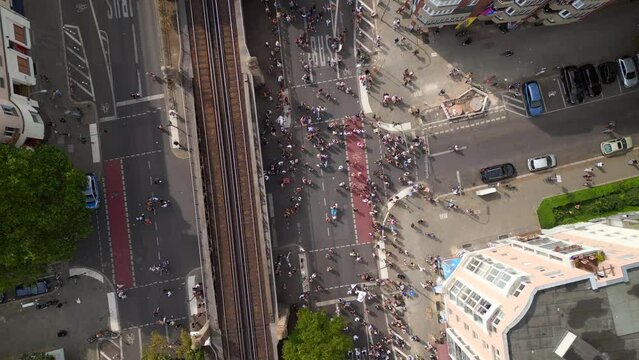 train Lovely aerial view flight drone. CSD Pride Love Parade 2023 in city Berlin