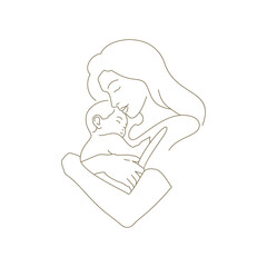 Happy family young mother embracing newborn baby son continuous line art style logo vector