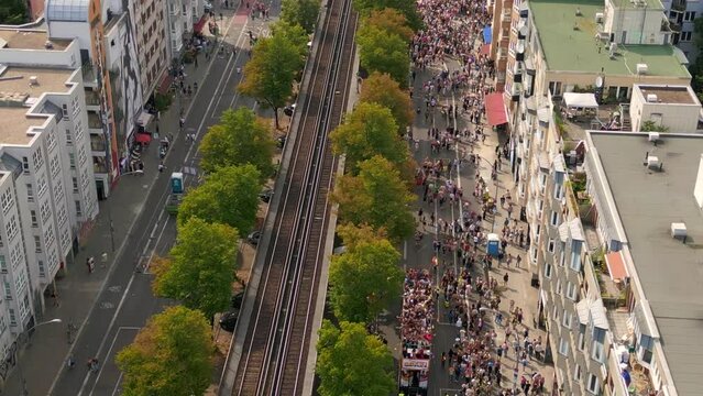 Fantastic aerial top view flight drone CSD Pride Love Parade 2023 in city Berlin